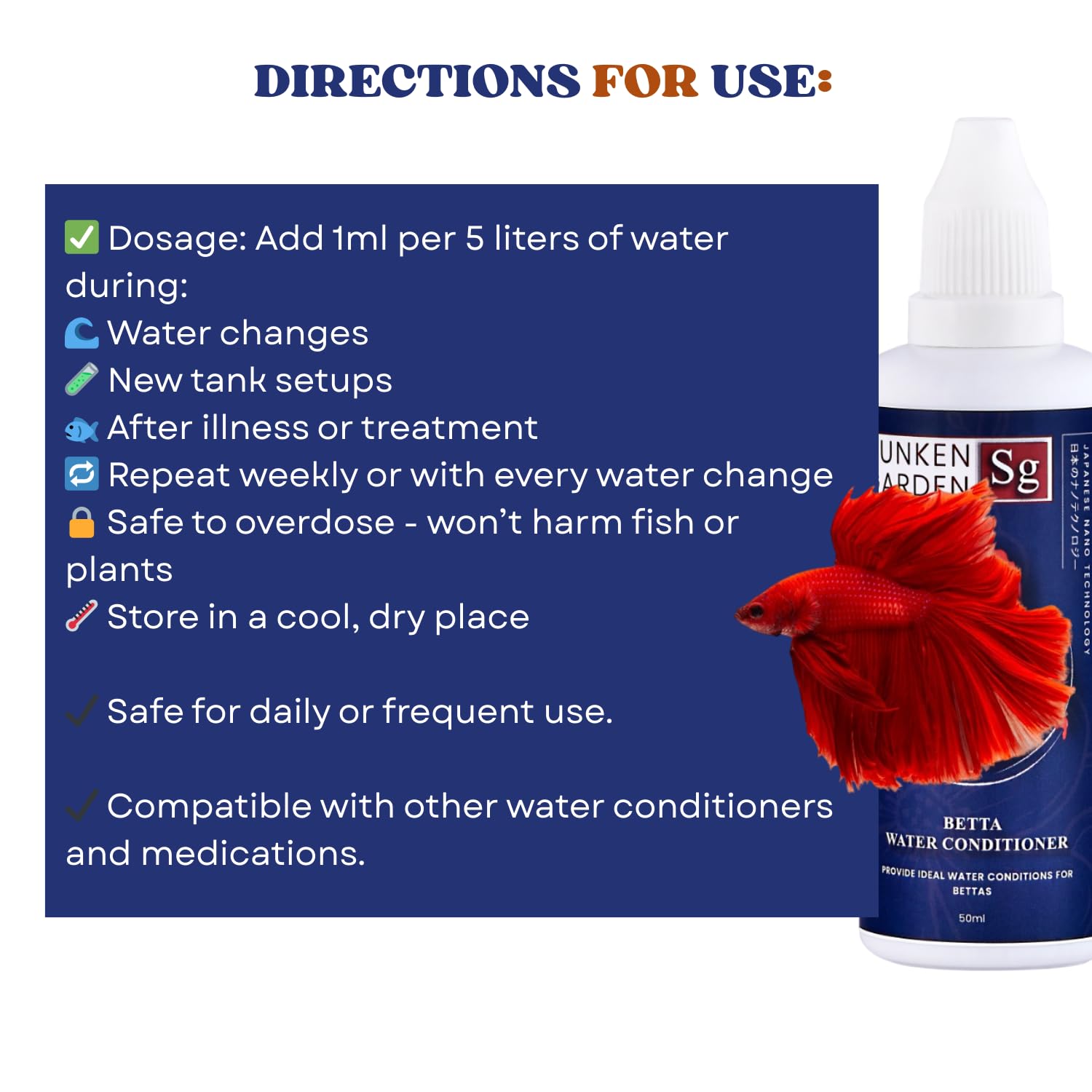 Sunken Garden Betta Fish Water Conditioner | Chlorine Neutralizer + Fin Rot Protection + pH Balancer | Made for Indian Aquariums (50 ml)