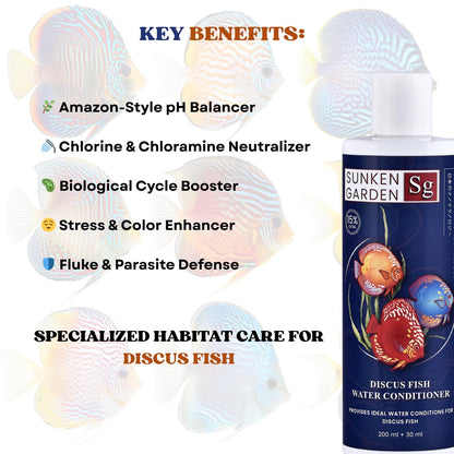 Sunken Garden Discus Fish Water Conditioner | Specialized Habitat Care for Discus Fish | Soft Water + Stress Relief + Fluke Control (200 ml + 30 ml)