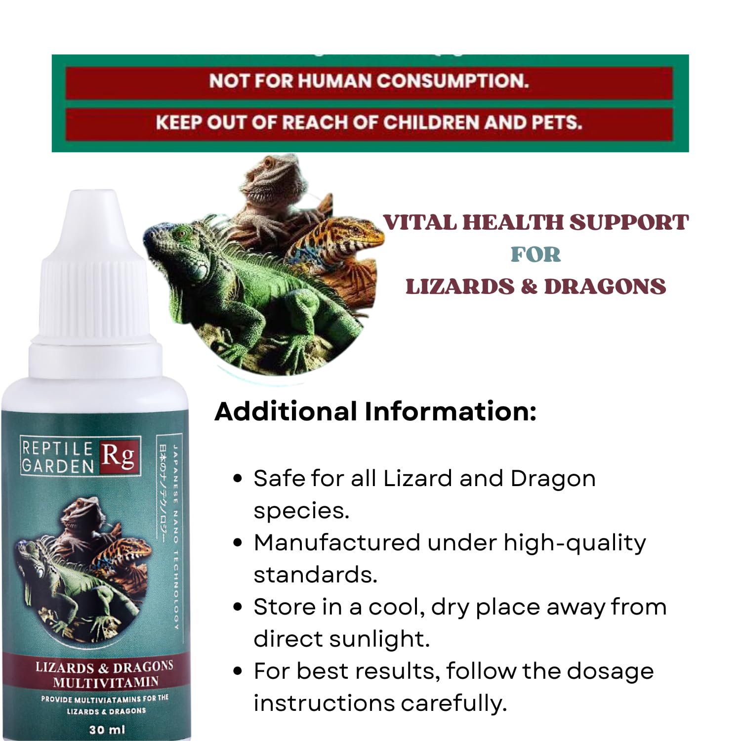 Reptile Garden Lizard and Dragon Multivitamin | Vital Health Support | Ensures Health, Vitality and Development of Your Reptiles (30 ml)