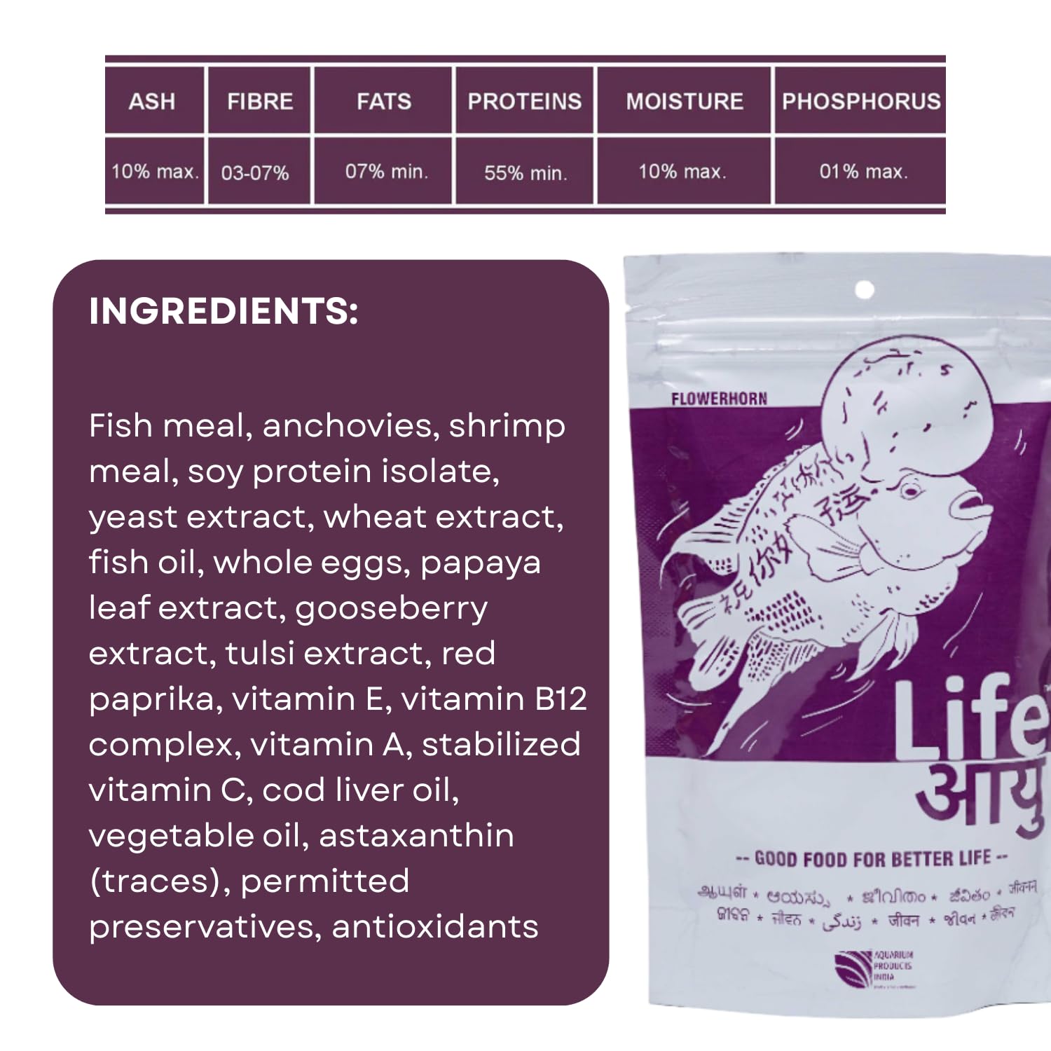 Life AAYU Flowerhorn Fish Food | Ayurvedic Growth & Color Booster Formula with Tulsi, Papaya & Red Paprika | for Juvenile and Adult Flowerhorns | (Medium, 100gms)