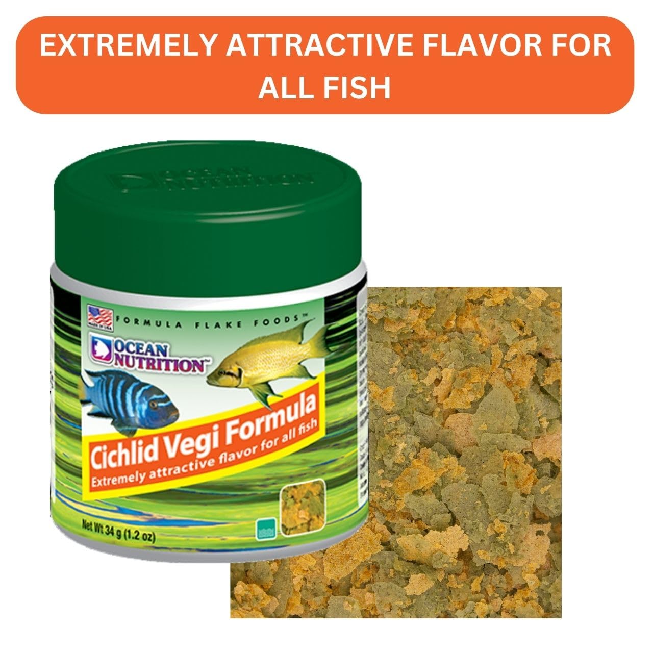 ON+ Cichlid Vegi Formula Flakes Fish Food (Original from Tunai Store) | Extremely Attractive Flavor for All Fishes (34gms, Flakes)