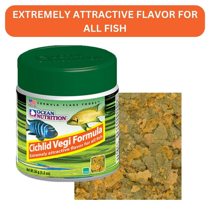 ON+ Cichlid Vegi Formula Flakes Fish Food (Original from Tunai Store) | Extremely Attractive Flavor for All Fishes (34gms, Flakes)