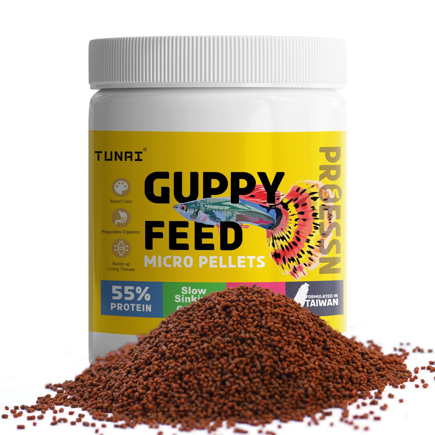 Tunai Guppy Fish Food with 55% Protein| 40g |600 Microns - Floating Micro Pellets| Guaranteed Tail Color Enhancement for Guppies, Taiwan Formula