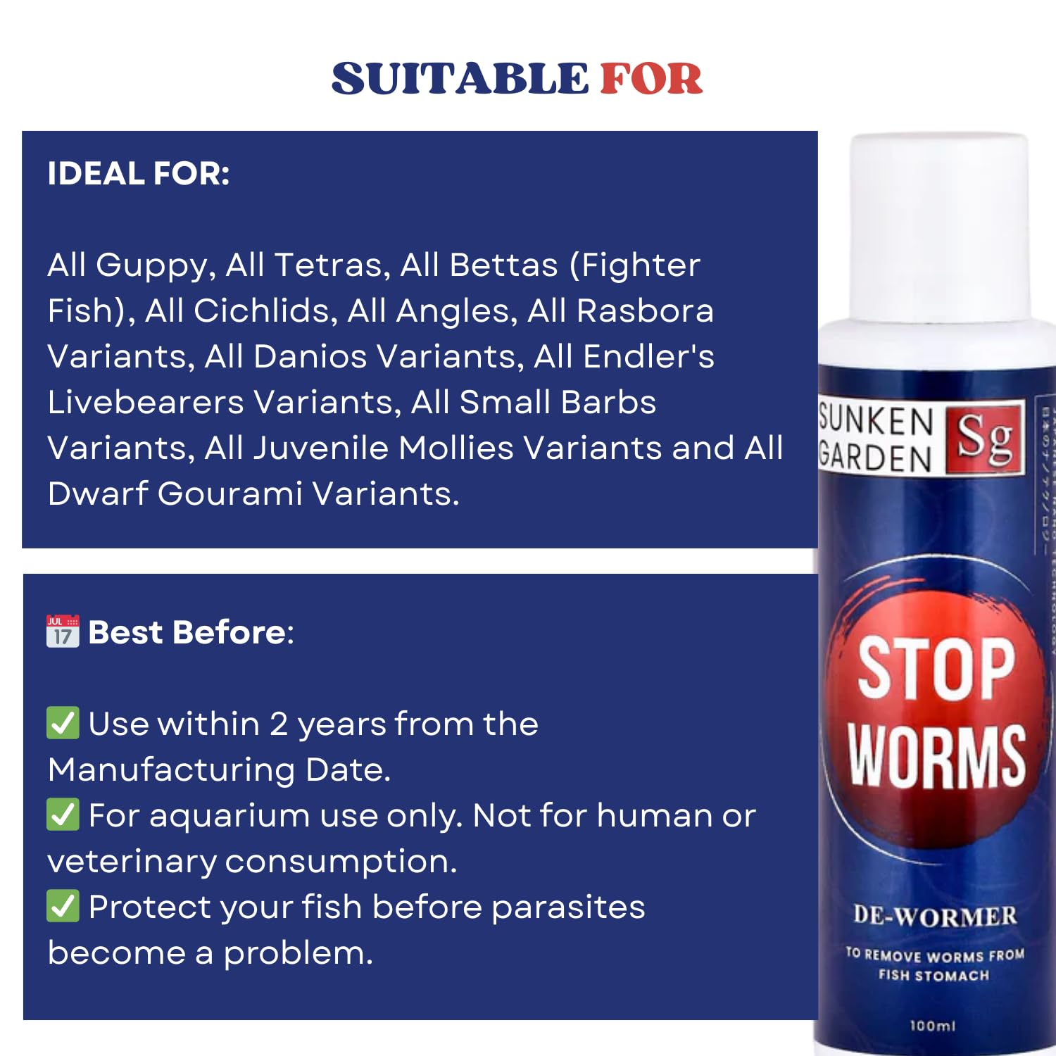 Sunken Garden Stop Worms| Liquid De-Wormer for Freshwater Aquariums | Safe for Fish, Shrimp & Snails (100 ml)