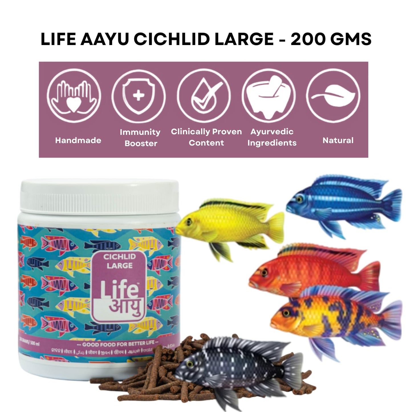 Life AAYU Cichlid Fish Food | Immunity Booster & Digestive Support | Ideal for All Cichlids Variants | (200 GMS, Large)