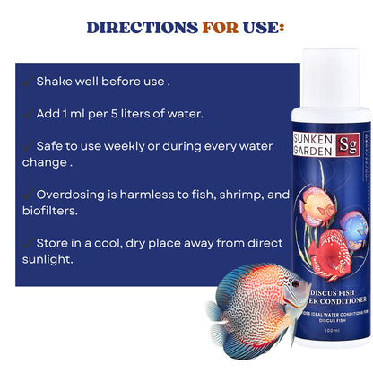 Sunken Garden Discus Fish Water Conditioner | Specialized Habitat Care for Discus Fish | Soft Water + Stress Relief + Fluke Control (100 ml)