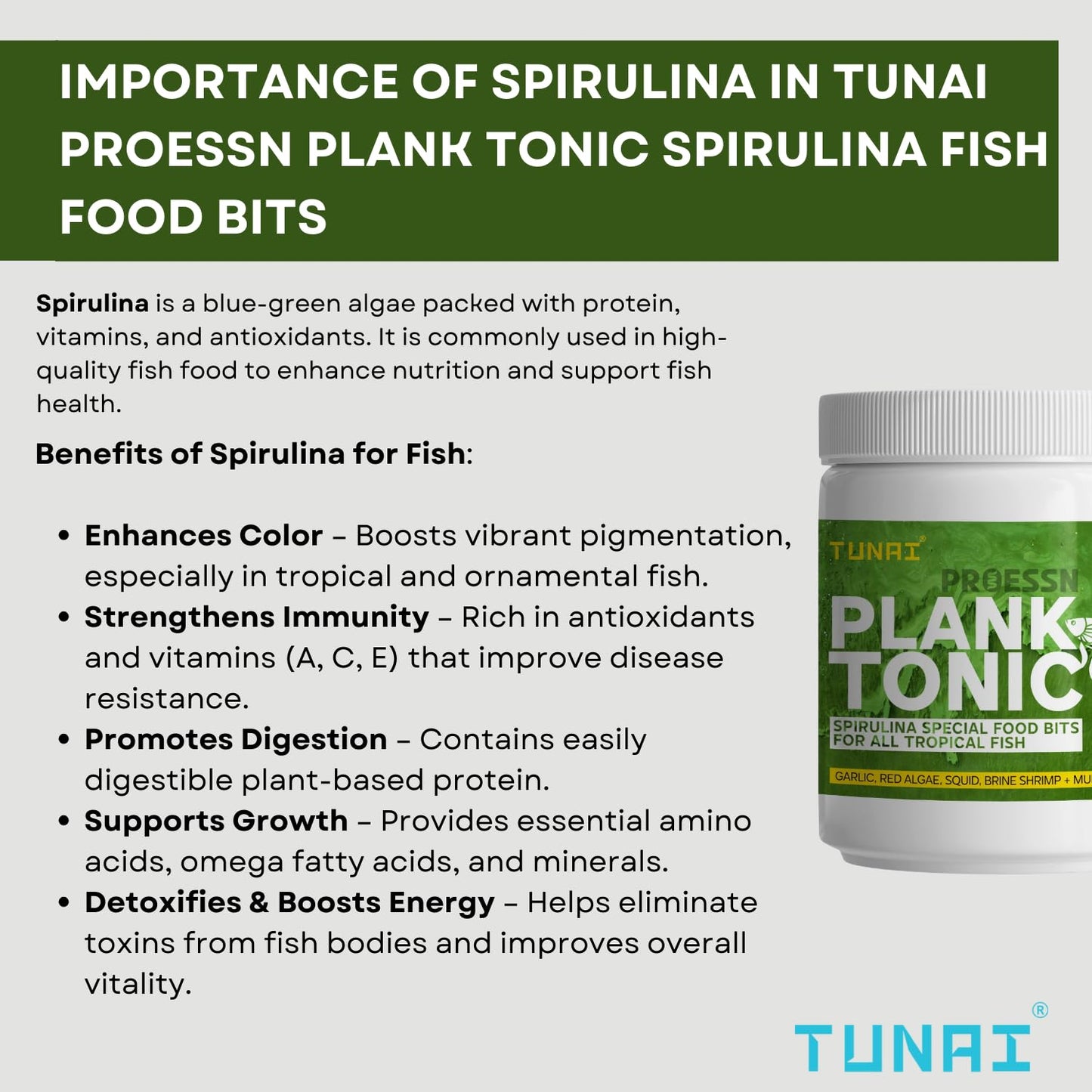 Tunai Plank Tonic Spirulina Special Fish Food Bits with 42% Protein | Suitable for Angel, Gold Fish, Betta, Discus, Arowana, Oscar, Red Parrot, Cichlids