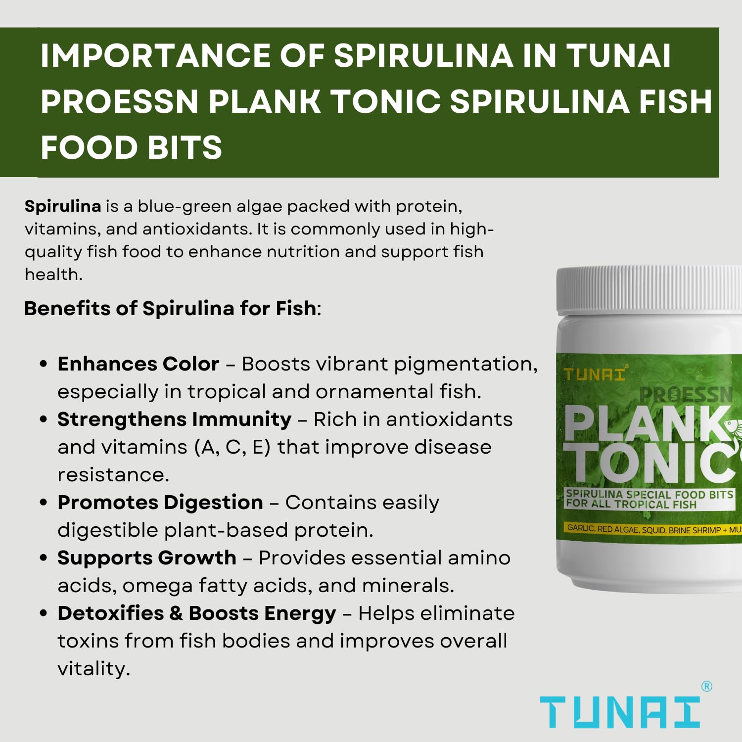 Tunai Plank Tonic Spirulina Special Fish Food Bits with 42% Protein | Suitable for Angel, Gold Fish, Betta, Discus, Arowana, Oscar, Red Parrot, Cichlids