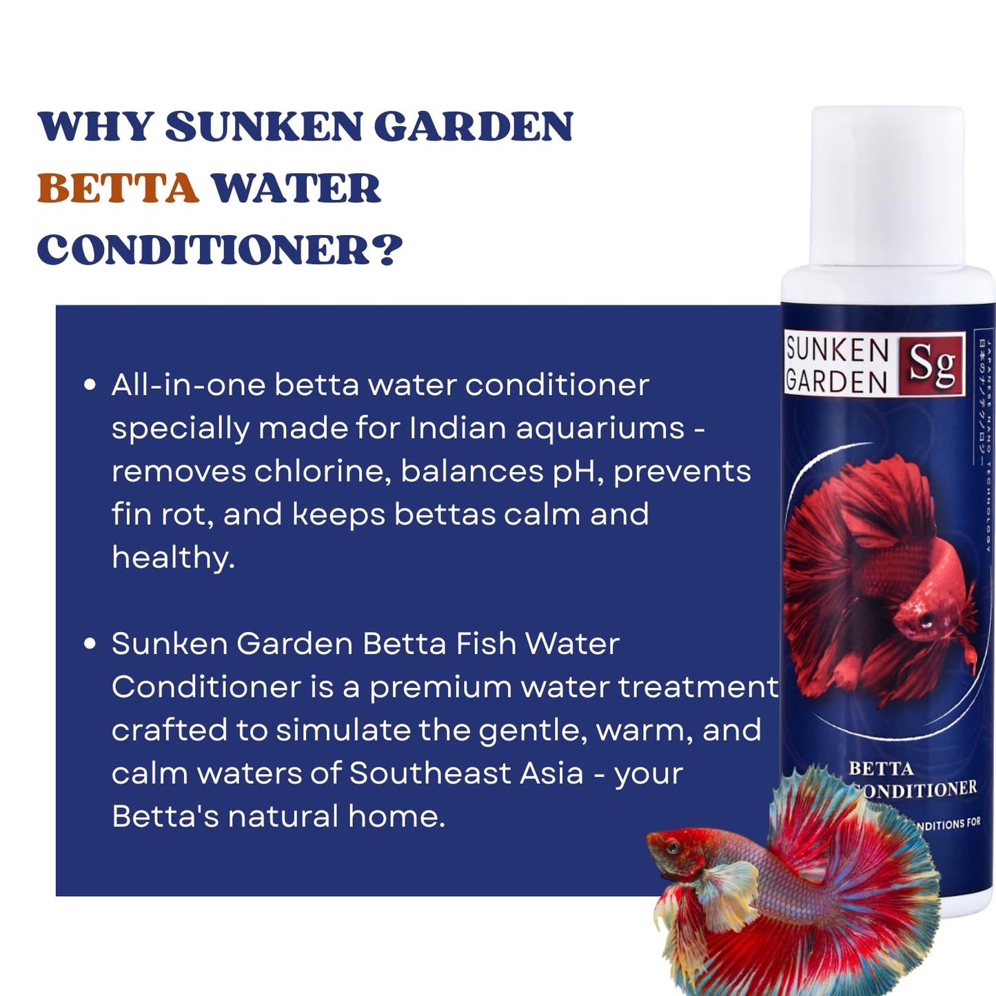 Sunken Garden Betta Fish Water Conditioner | Chlorine Neutralizer + Fin Rot Protection + pH Balancer | Made for Indian Aquariums (100 ml)