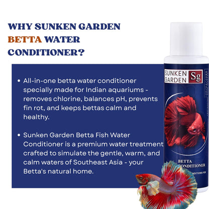 Sunken Garden Betta Fish Water Conditioner | Chlorine Neutralizer + Fin Rot Protection + pH Balancer | Made for Indian Aquariums (100 ml)