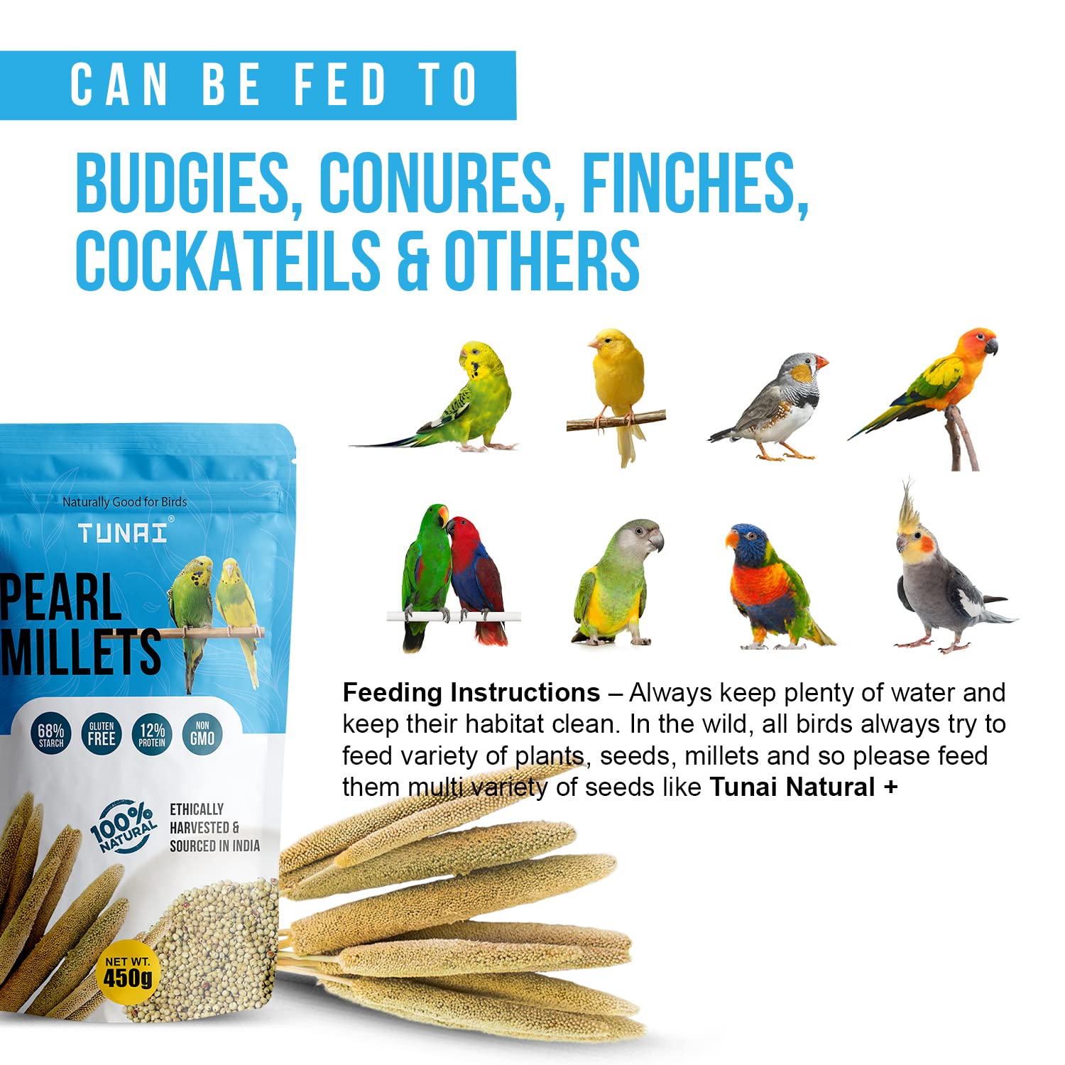 TUNAI Pearl Or Bajra Millet Bird Food |450G| Superior Bird Feed For Budgies, Finches, Cockatiels, Conures, Love Birds, Parrots Wild Birds, All Life Stages
