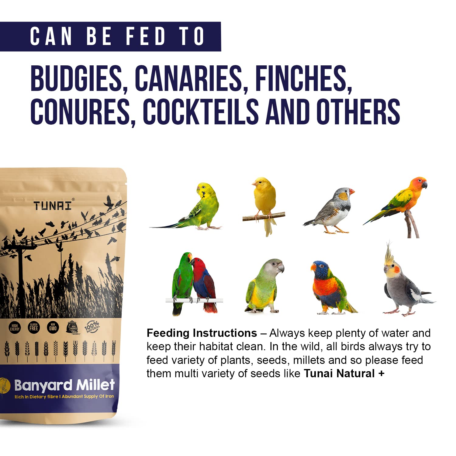 Tunai Barnyard Millets Bird Feed | 450g | Perfect Calcium Rich Bird Food for Canaries, Finches, Budgies, Conures, Cockatiels, Small Conures, Quaker Parrots & Others