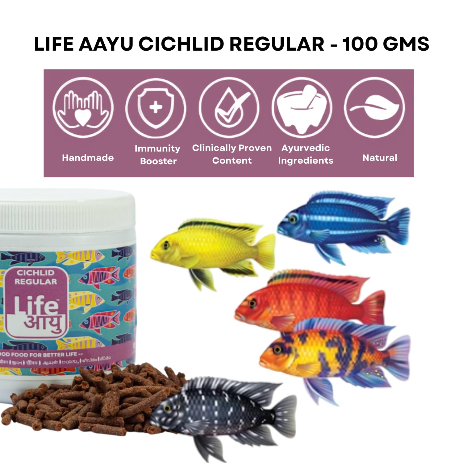 Life AAYU Cichlid Fish Food | Immunity Booster & Digestive Support | Ideal for All Cichlids Variants | (100 GMS, Regular)