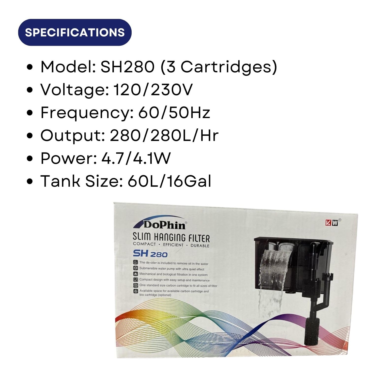 Dophin SH280 Slim Hanging Filter for Aquarium Fish Tank | Mechanical and Biological Filtration | Output: 280/280L/H | Suitable for Tank Size 60L | (Original from Tunai Store)