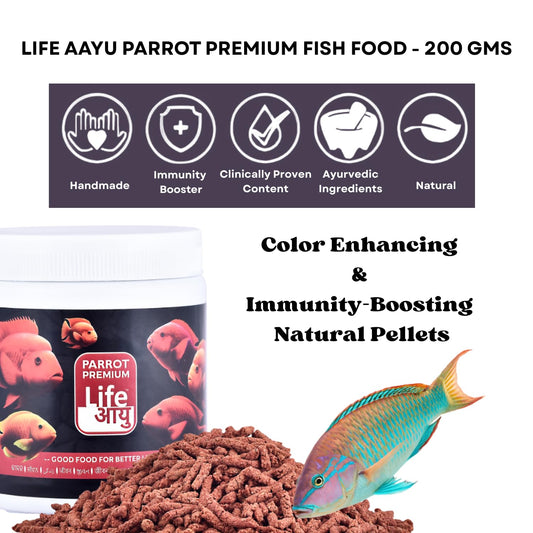 Life AAYU Parrot Premium Fish Food | Color Enhancing & Immunity-Boosting | Natural Pellets with Spirulina & Omega-3 | (200 GMS)