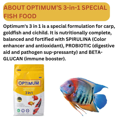 Optimum Fish Food Super Premium 3in1 6% Spirulina Fish Food for Gold Fish, Koi, Cichlids & Other Carps and Pond Fish Varities, 400g | Original Import from TUNAI Store