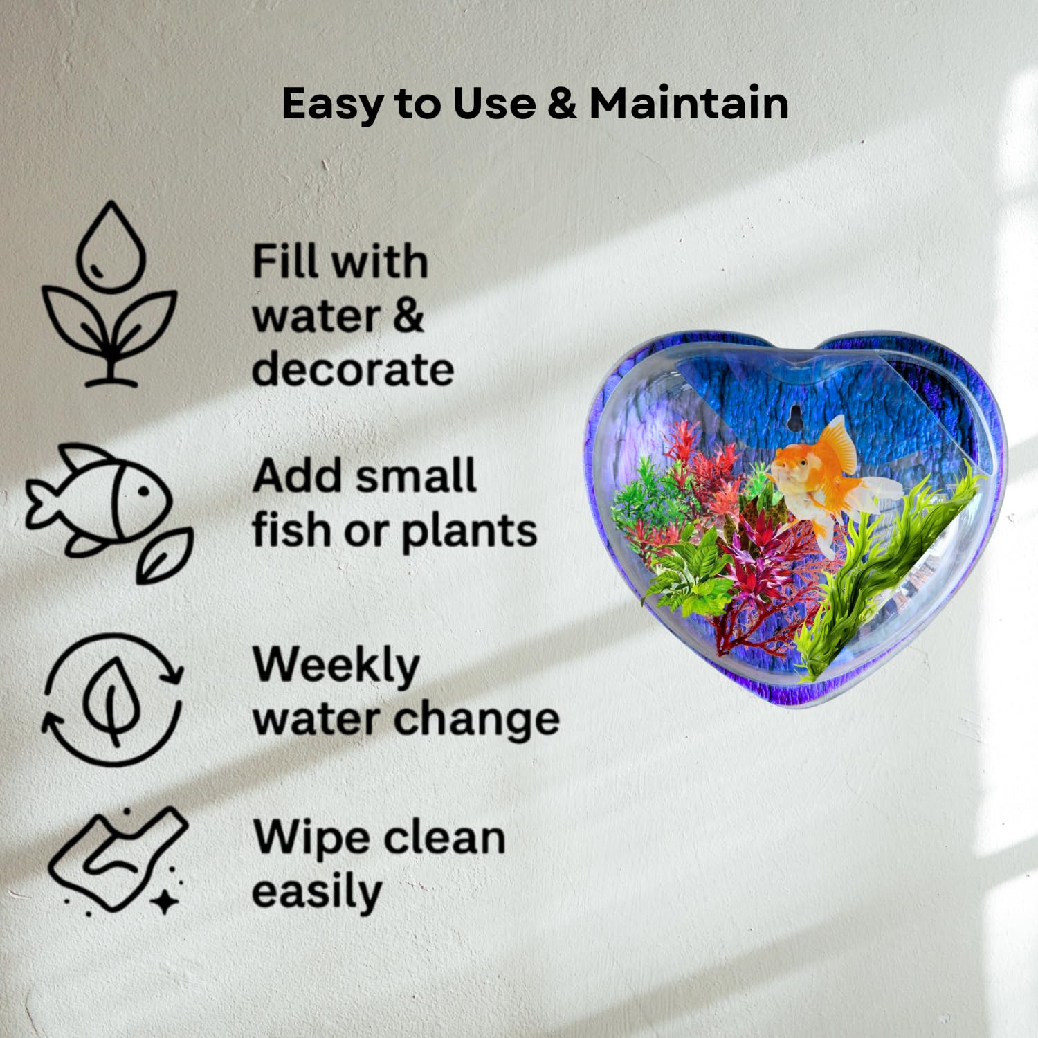 Wall Mount 15-inch Blue Heart Shape Fish Bowl – Without Stand | Modern Aquarium for Home, Office & Café Décor | Space Saving Design | Elegant Fish Tank & Plant Terrarium | Compact Design
