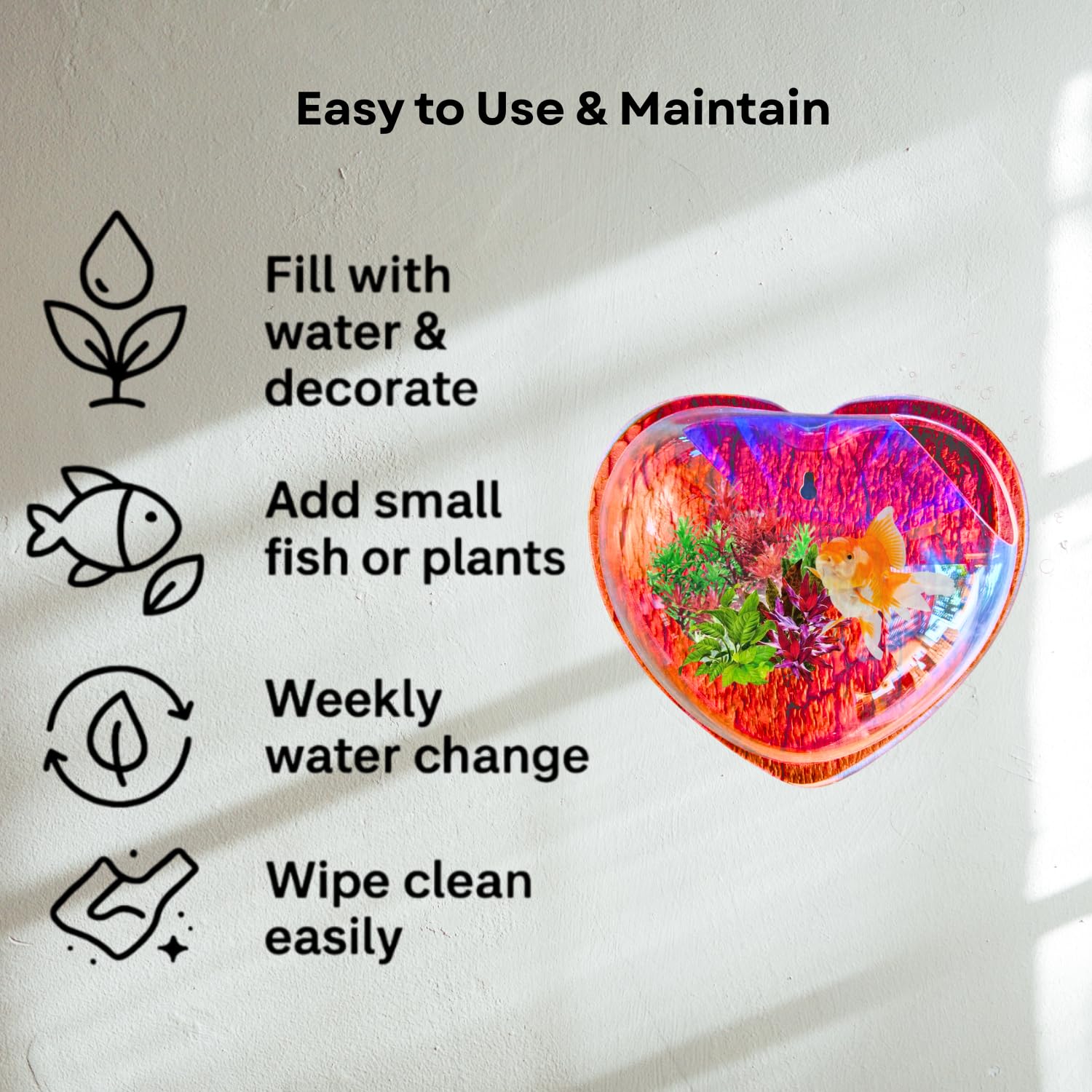 Wall Mount 9-inch Red Heart Shape Fish Bowl – Without Stand | Modern Aquarium for Home, Office & Café Décor | Space Saving Design | Elegant Fish Tank & Plant Terrarium | Compact Design