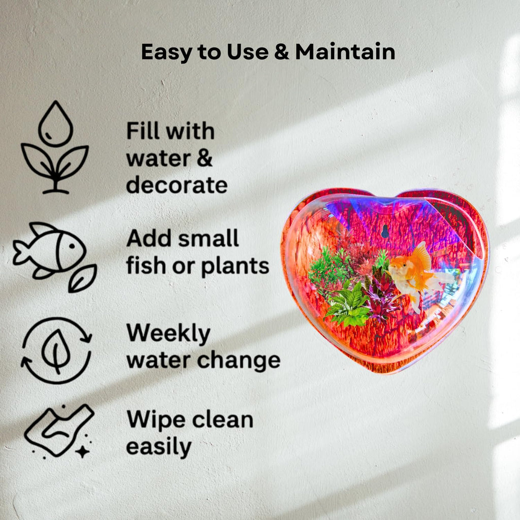 Wall Mount 15-inch Red Heart Shape Fish Bowl – Without Stand | Modern Aquarium for Home, Office & Café Décor | Space Saving Design | Elegant Fish Tank & Plant Terrarium | Compact Design