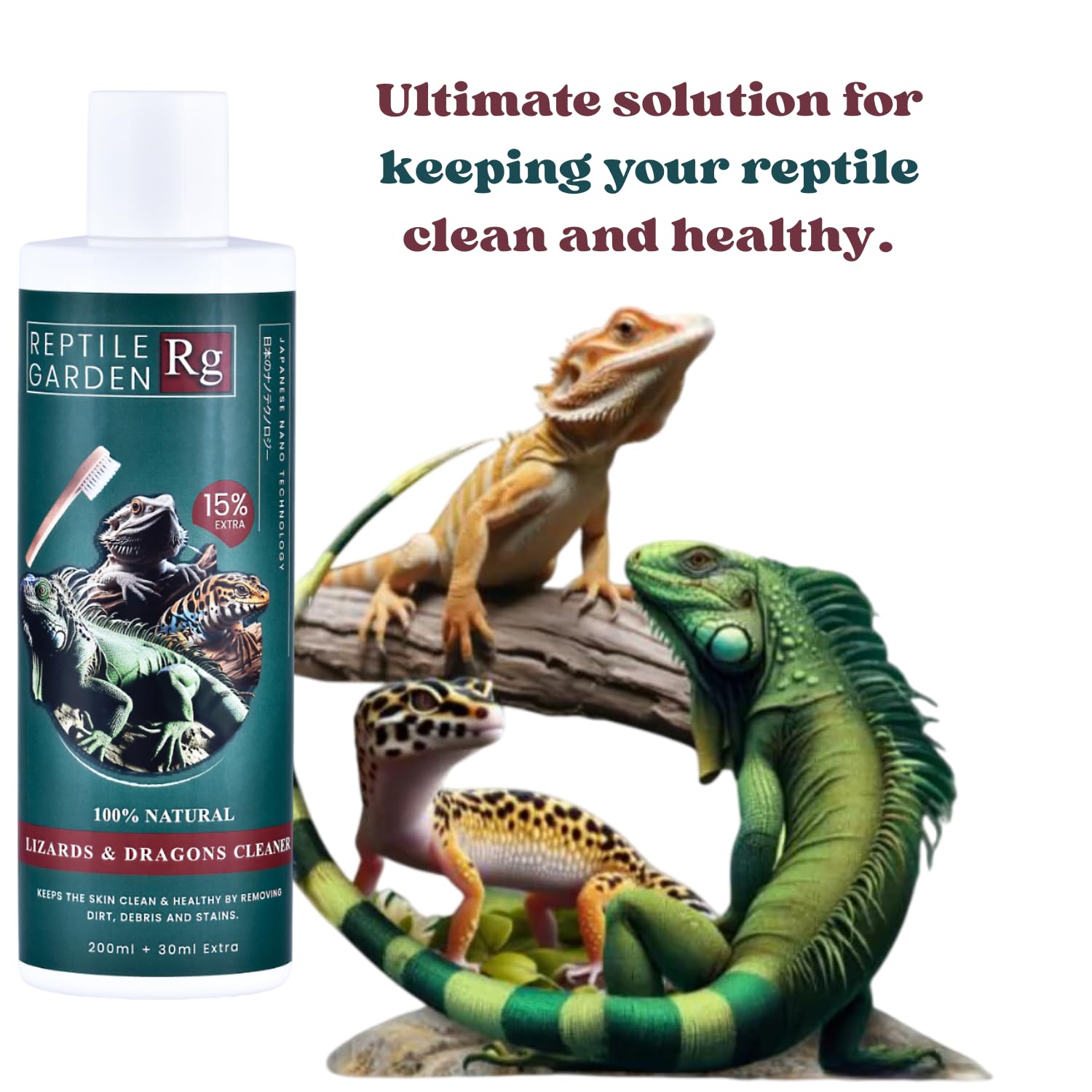 Reptile Garden Lizard & Dragon Cleaner | Removes Stubborn Debris, Algae, and Stains from Your Reptile's Body (200 ml + 30 ml)