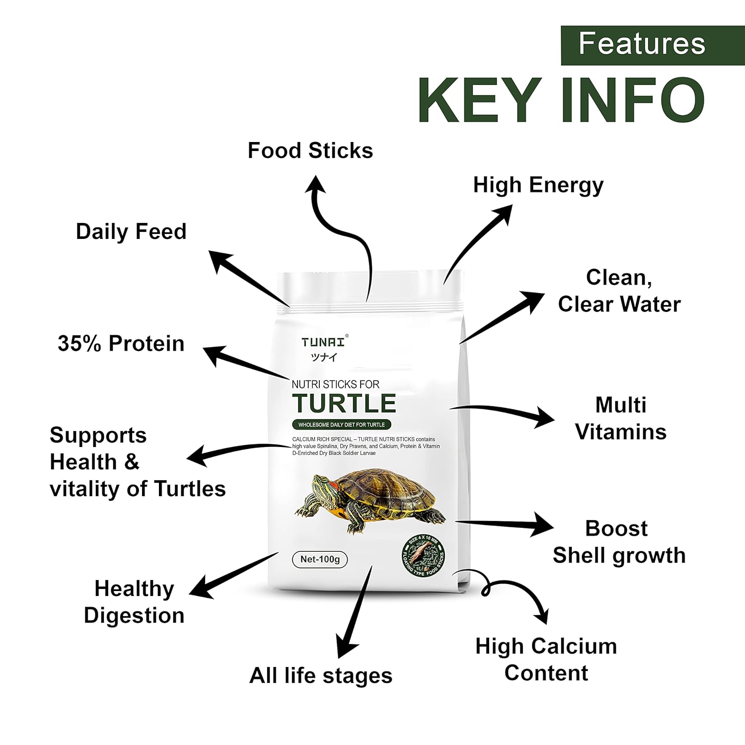 TUNAI 3In1 Adult Turtle Food & Tortoise Food Spirulina Added for Better Shell Health|100G| Contains Nutritious Pellets, Whole Shrimp and Bsfl Insect Larvae, 1 Count