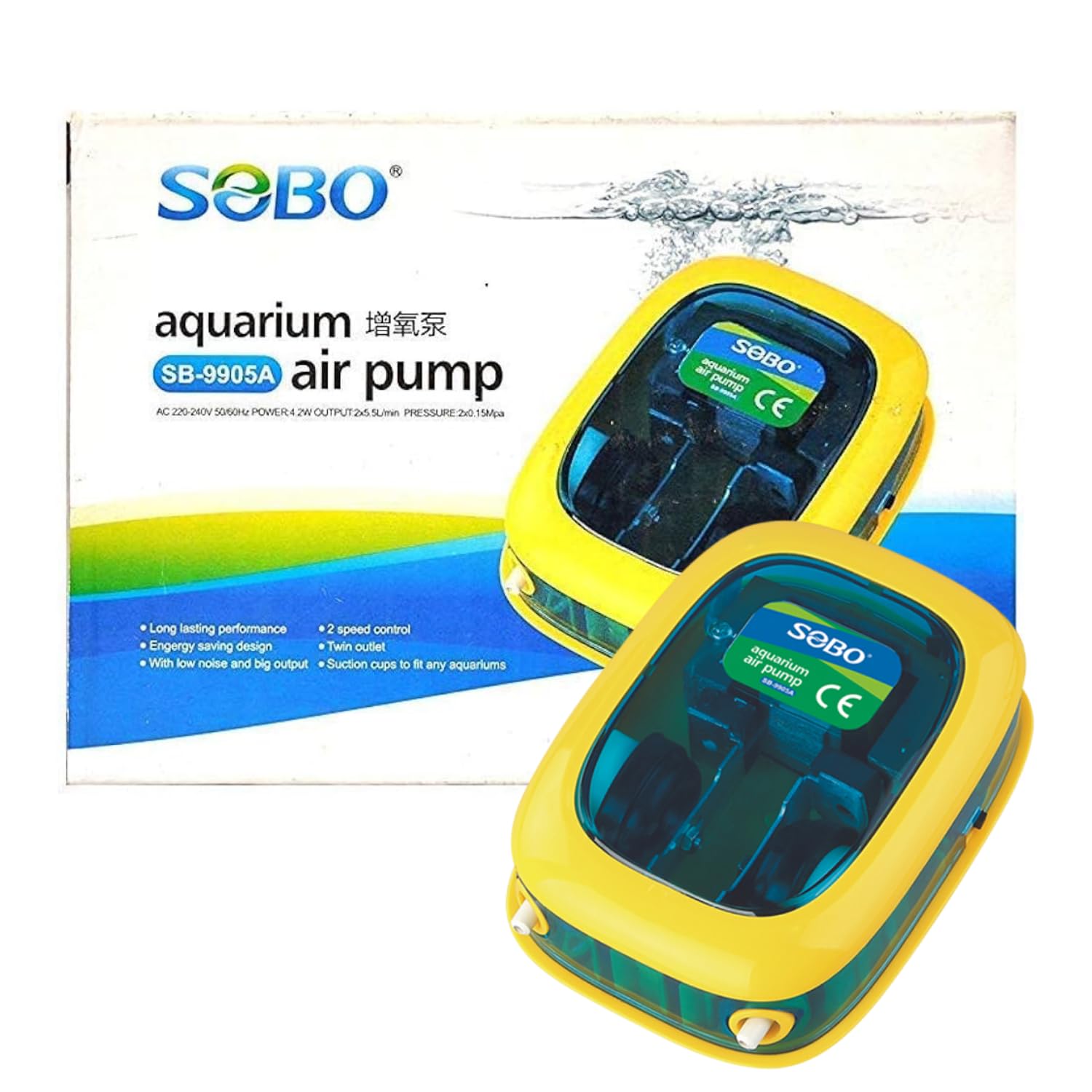 S0B0 SB-9905A Air Pump for Aquarium Fish Tank | Minimal Noise Output and Vibration | Adjustable Flow Rate | Dual Outlet | Power: 4.2W | F.Max: 2 x 5.5L/min | Original from Tunai Store