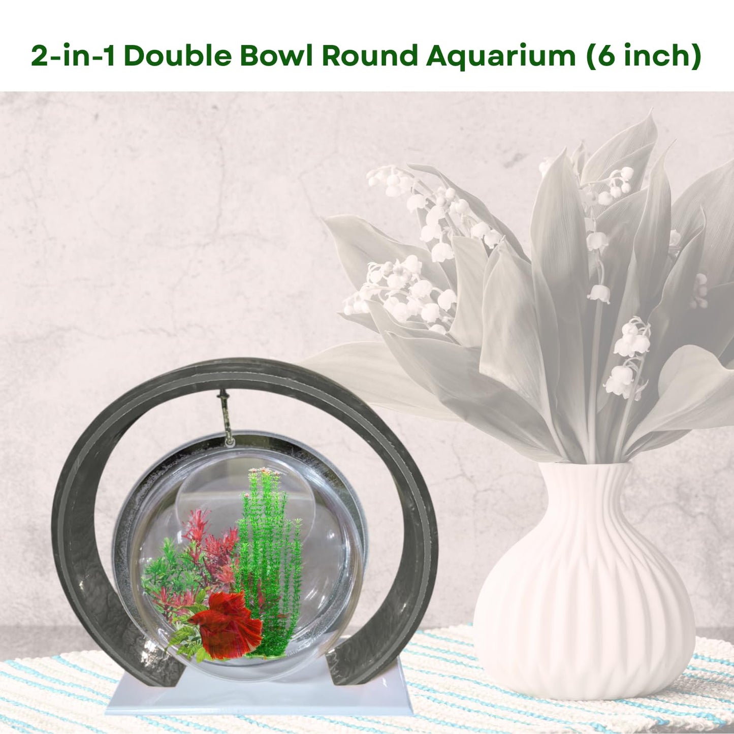 Double Bowl 6-inch Grey Round Fish Bowl – Standing & Hanging Decorative Aquarium for Home & Office | 2-in-1 Double Bowl Round Fish Tank