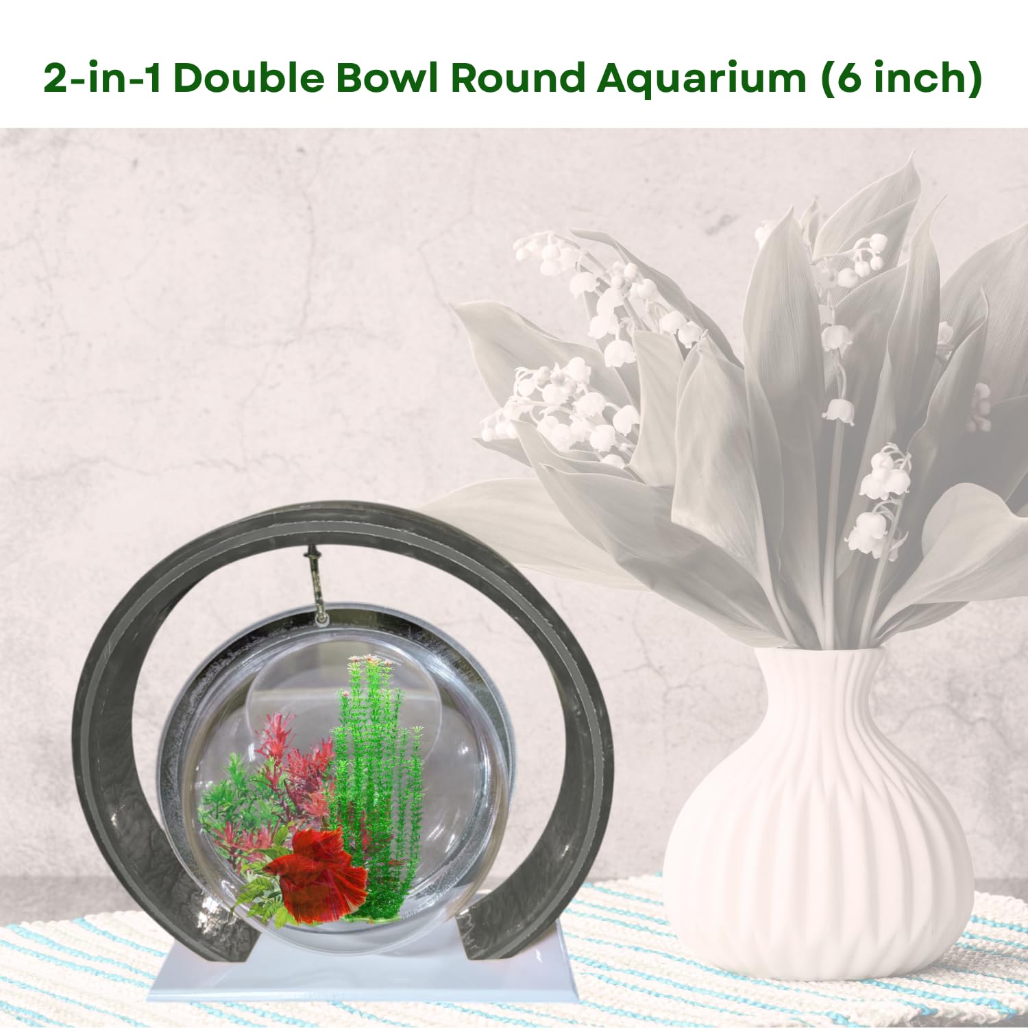 Double Bowl 6-inch Grey Round Fish Bowl – Standing & Hanging Decorative Aquarium for Home & Office | 2-in-1 Double Bowl Round Fish Tank