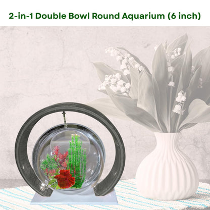 Double Bowl 6-inch Grey Round Fish Bowl – Standing & Hanging Decorative Aquarium for Home & Office | 2-in-1 Double Bowl Round Fish Tank
