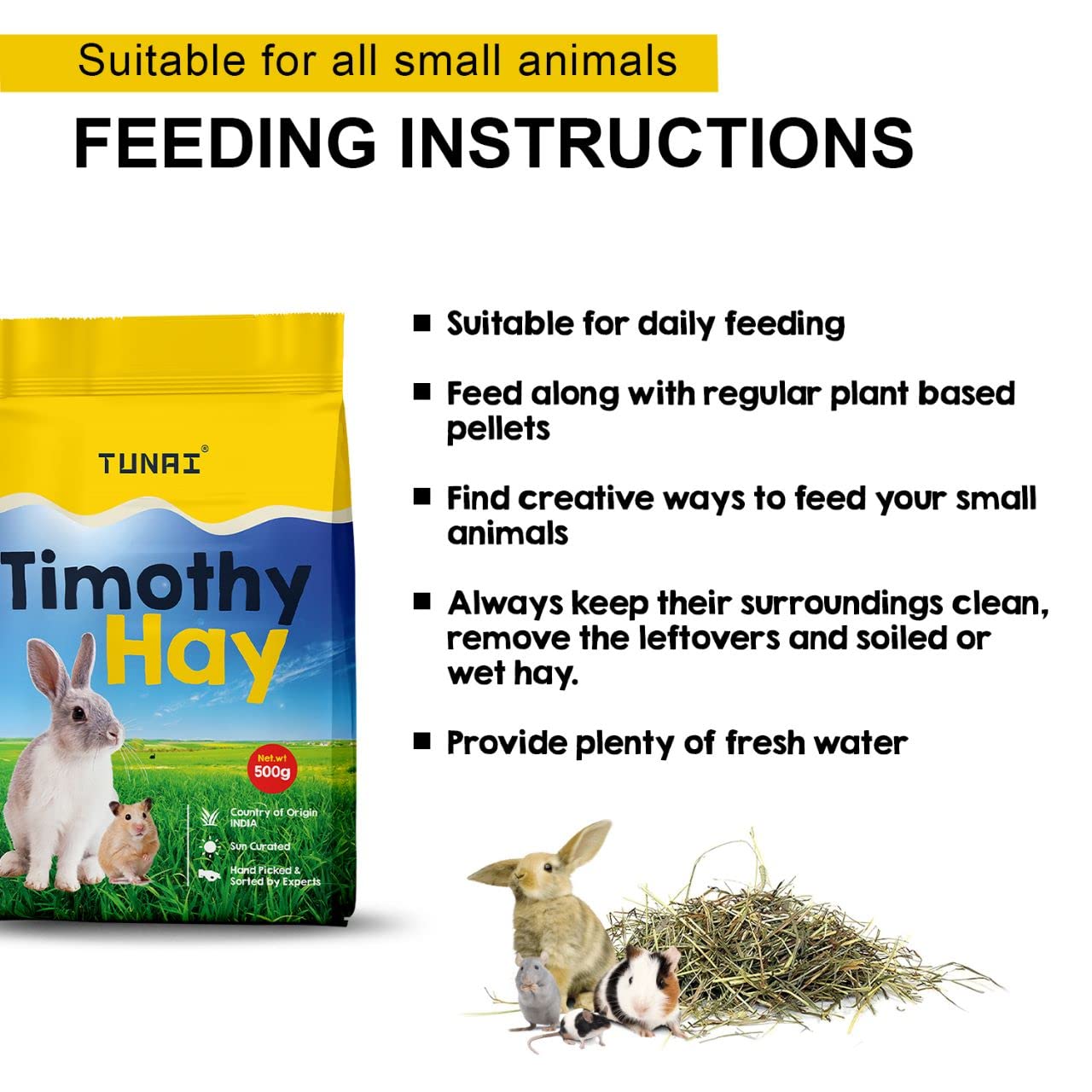 Tunai Timothy Sun Dried Hay | 800g | for Small Animals Like Rabbit, Hamsters, Guinea Pigs, Chinchillas, Degus and Hedgehogs