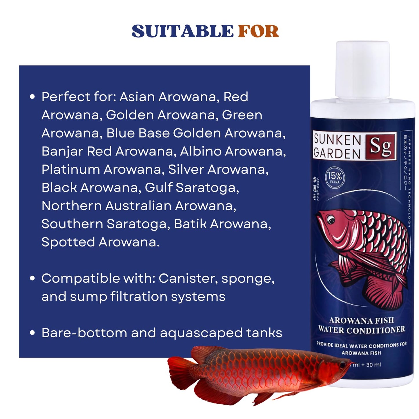 Sunken Garden Arowana Water Conditioner | for Strength, Color & Calm Behavior | Multi-Action Conditioner for Arowanas (200 ml + 30 ml)