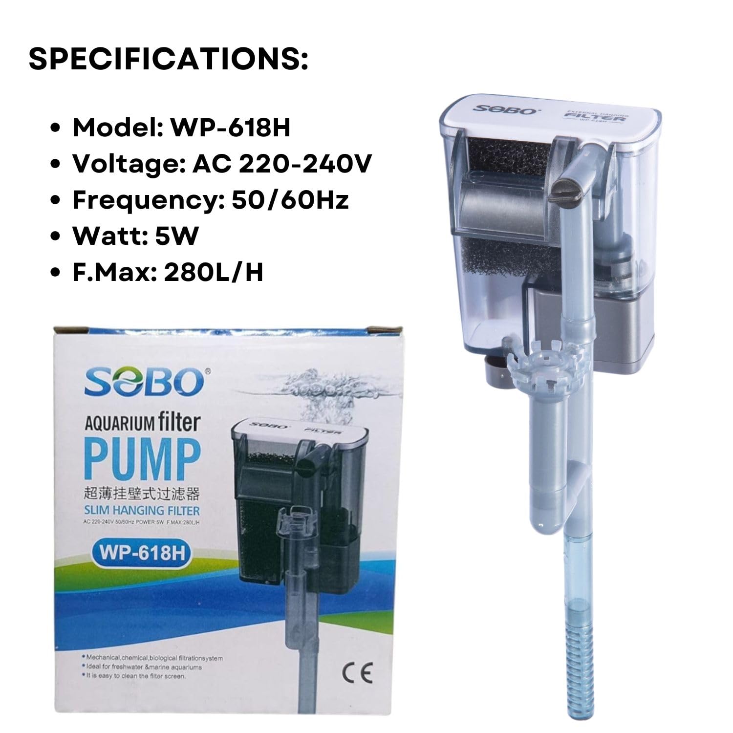 S0B0 WP-618H Slim Hanging Filter for Aquarium Fish Tank | Mechanical, Chemical and Biological Filtration | Output: 280L/H | (Original from Tunai Store)