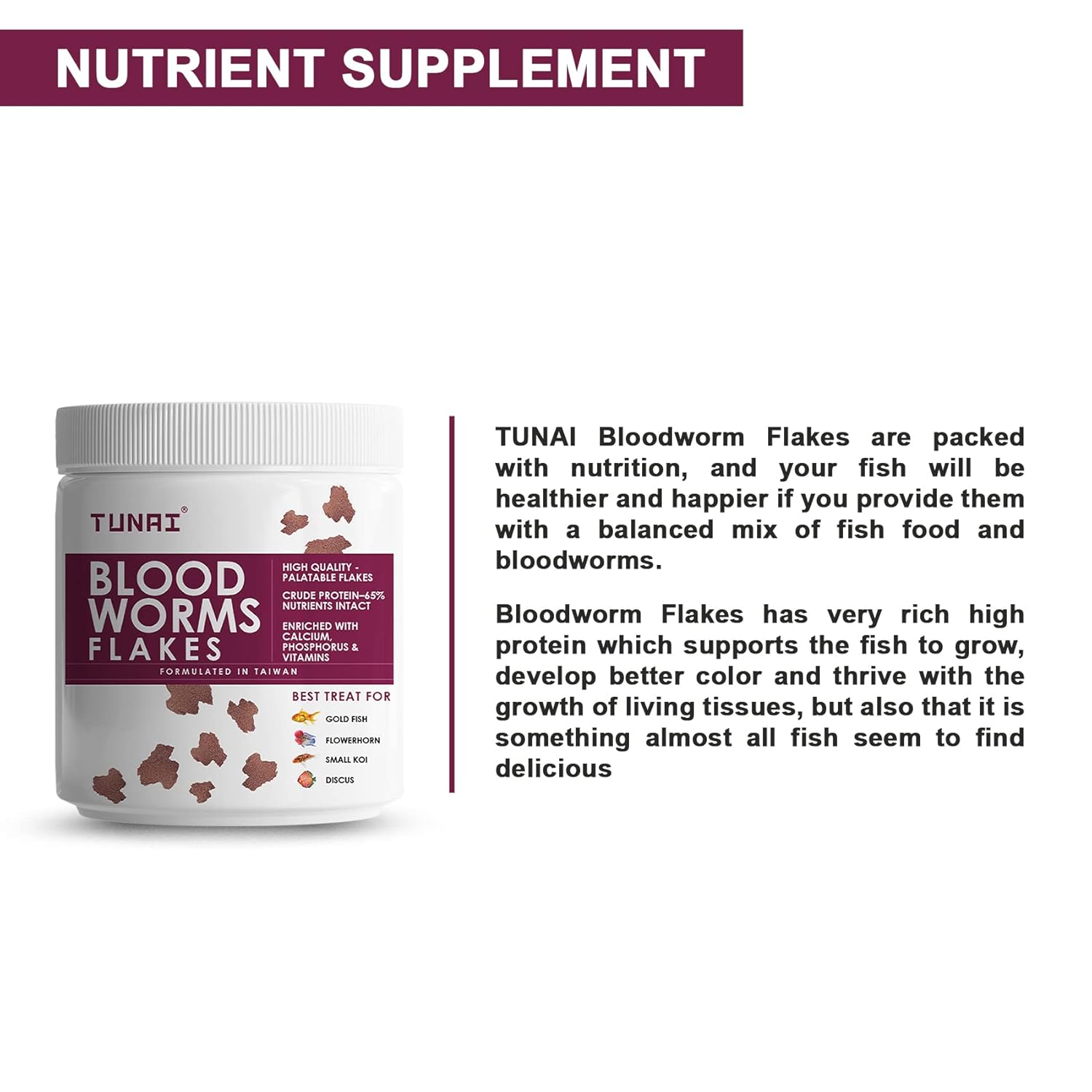TUNAI Blood Worm Flakes with 55% Protein |50G| Supplement Treat, Boost Color and Fish Food for Gold Fish, Flowerhorn, Small Koi, & Discus, 1 Count