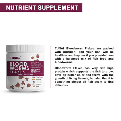 TUNAI Blood Worm Flakes with 55% Protein |50G| Supplement Treat, Boost Color and Fish Food for Gold Fish, Flowerhorn, Small Koi, & Discus, 1 Count