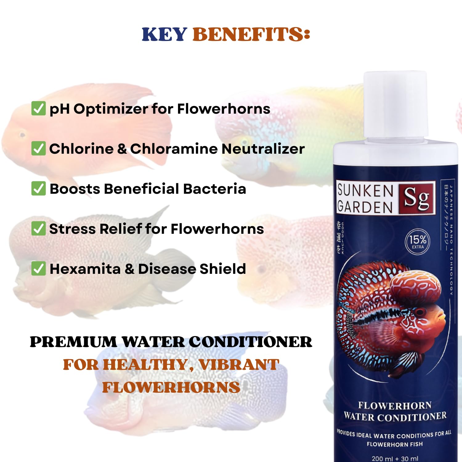 Sunken Garden Flowerhorn Fish Water Conditioner | Premium Water Conditioner for Healthy, Vibrant Flowerhorns | Ensures Vibrant Coloration and Stronger Immunity (200 ml + 30 ml)