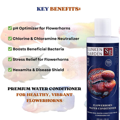 Sunken Garden Flowerhorn Fish Water Conditioner | Premium Water Conditioner for Healthy, Vibrant Flowerhorns | Ensures Vibrant Coloration and Stronger Immunity (200 ml + 30 ml)