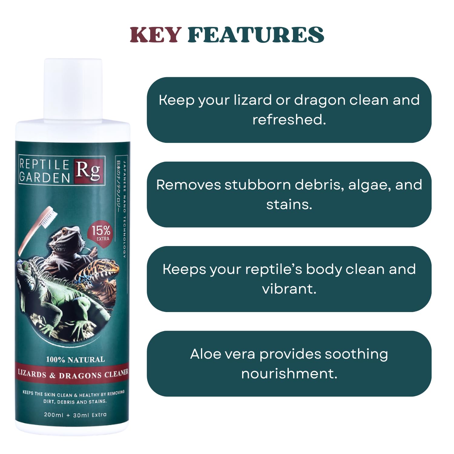 Reptile Garden Lizard & Dragon Cleaner | Removes Stubborn Debris, Algae, and Stains from Your Reptile's Body (200 ml + 30 ml)