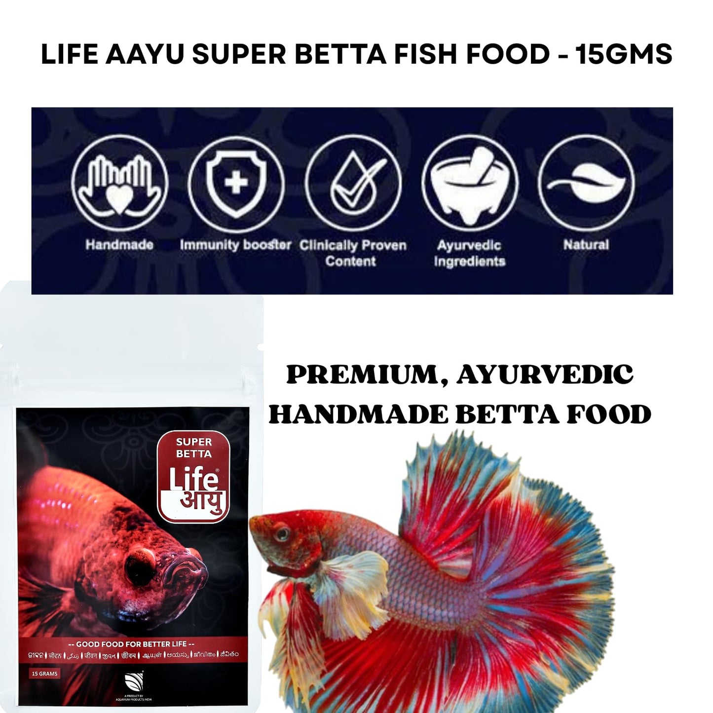 Life AAYU Super Betta Fish Food | Handmade Ayurvedic Formula for Color & Health | Natural Floating Pellets (15 GMS)