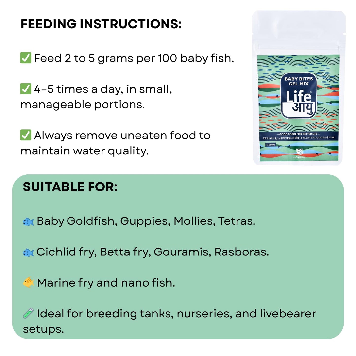 Life AAYU Baby Bites Gel Mix Fish Food | High-Protein Gel Food for Baby Fish Growth & Immunity | with Digestive Enzymes (15 GMS)