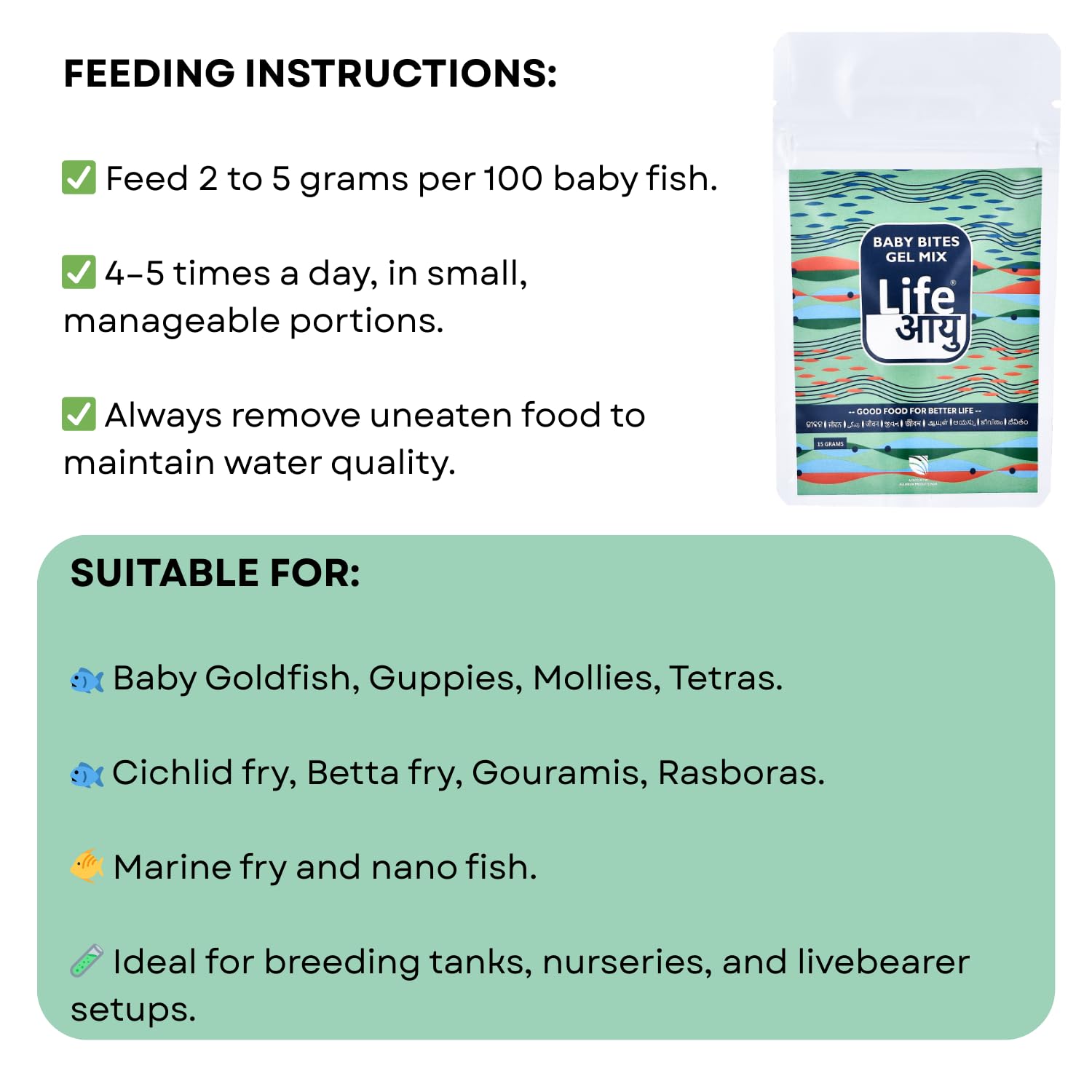 Life AAYU Baby Bites Gel Mix Fish Food | High-Protein Gel Food for Baby Fish Growth & Immunity | with Digestive Enzymes (15 GMS)