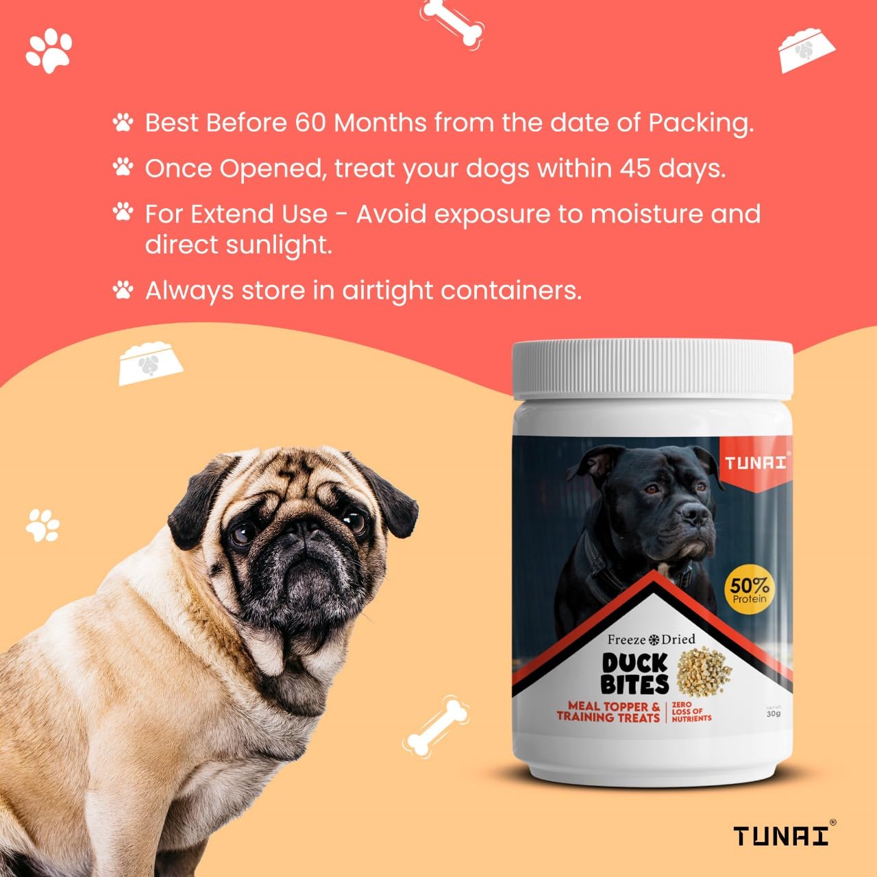 Tunai Premium Freeze Dried Treats for Adult Dogs & Weaning Puppies, 30g (Mini, Duck Bites)