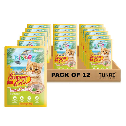 TUNAI SUPERCAT Tuna & Chicken Special Wet Gravy Daily Diet Food for Kittens (12X80g) with The Goodness of Protein, Tuna, Chicken &Taurine, Supports Healthy Skin Coat and Boost Instant Energy