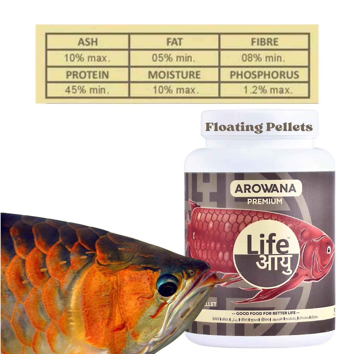 Life AAYU Arowana Premium Aquarium Fish Food | Handmade Ayurvedic Diet for Asian Arowanas | Color Boost, Muscle Growth & Immunity (450 GMS)