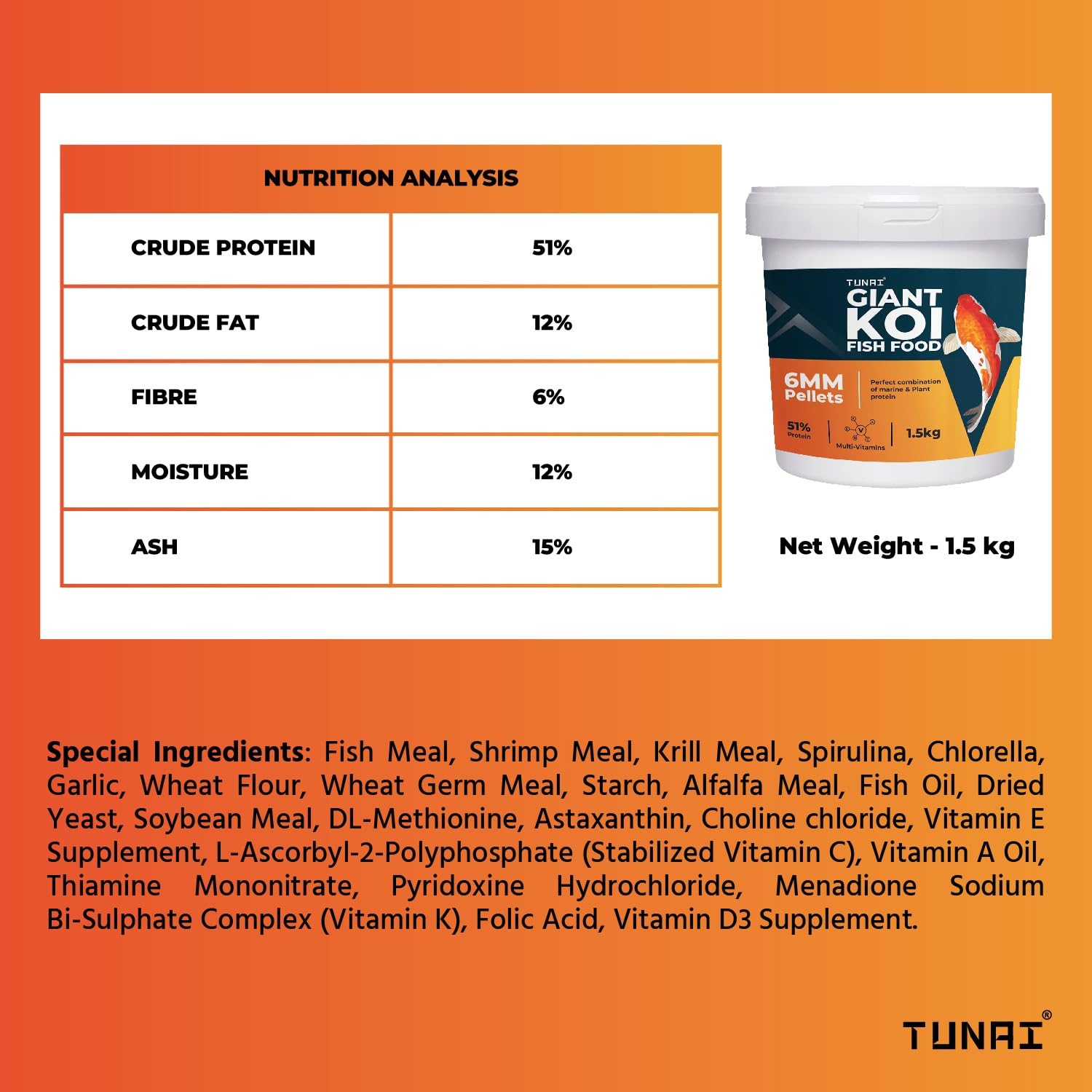 TUNAI Giant Koi Fish Food | 6MM Pellets | 1.5 Kg Bucket | Enriched with 51% Protein |Suitable for All Large Size Adult Koi Pond Fish