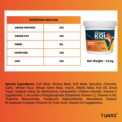 TUNAI Giant Koi Fish Food | 6MM Pellets | 1.5 Kg Bucket | Enriched with 51% Protein |Suitable for All Large Size Adult Koi Pond Fish