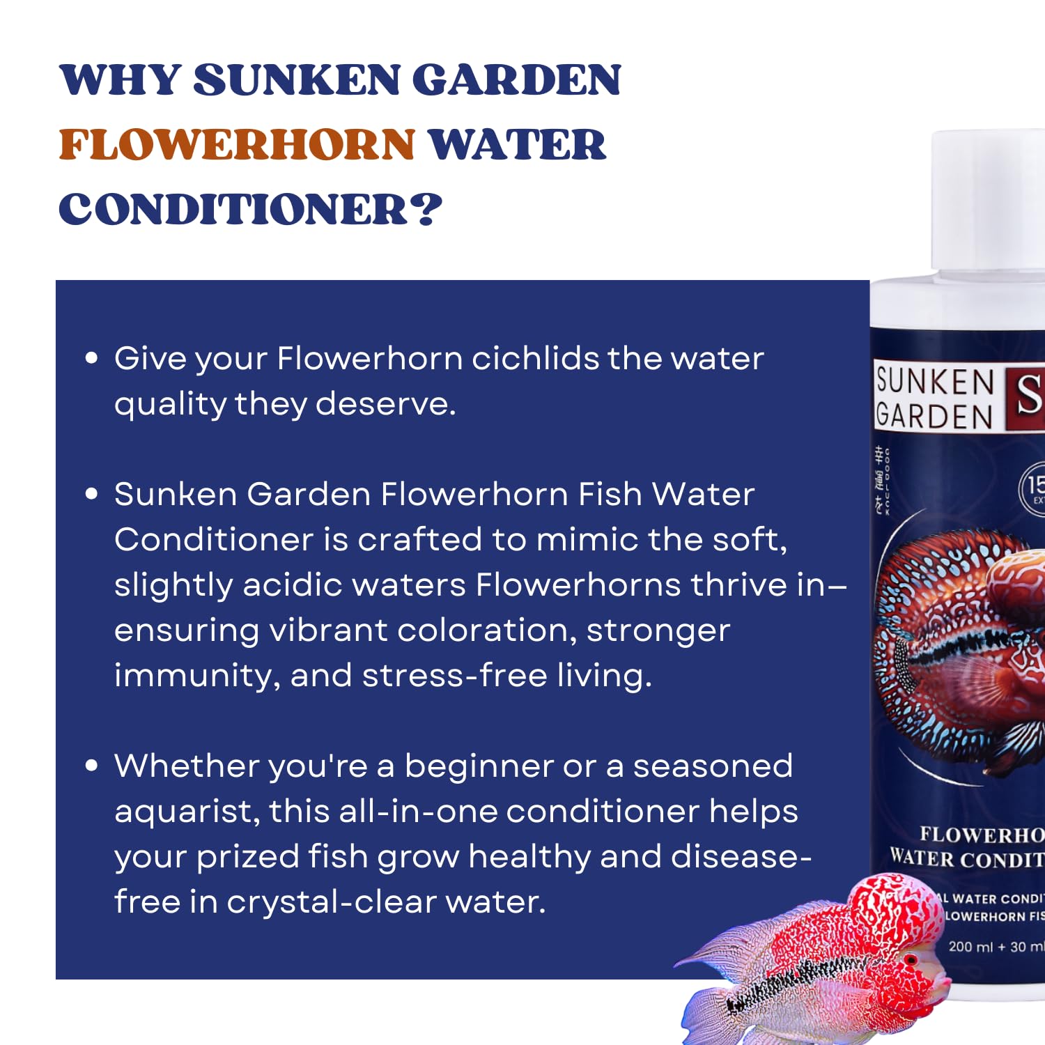 Sunken Garden Flowerhorn Fish Water Conditioner | Premium Water Conditioner for Healthy, Vibrant Flowerhorns | Ensures Vibrant Coloration and Stronger Immunity (200 ml + 30 ml)