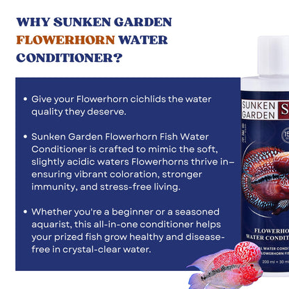 Sunken Garden Flowerhorn Fish Water Conditioner | Premium Water Conditioner for Healthy, Vibrant Flowerhorns | Ensures Vibrant Coloration and Stronger Immunity (200 ml + 30 ml)