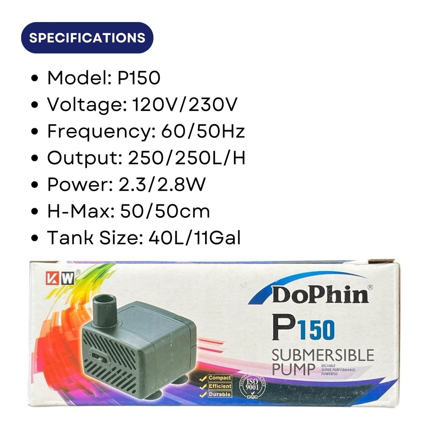 Dophin P150 Submersible Small Pump for Aquarium Fish Tank Fountain | Compact, Reliable and Durable | Output: 250/250L/H | Suitable for Tank Size 40L | (Original from Tunai Store)