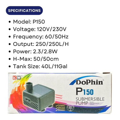 Dophin P150 Submersible Small Pump for Aquarium Fish Tank Fountain | Compact, Reliable and Durable | Output: 250/250L/H | Suitable for Tank Size 40L | (Original from Tunai Store)