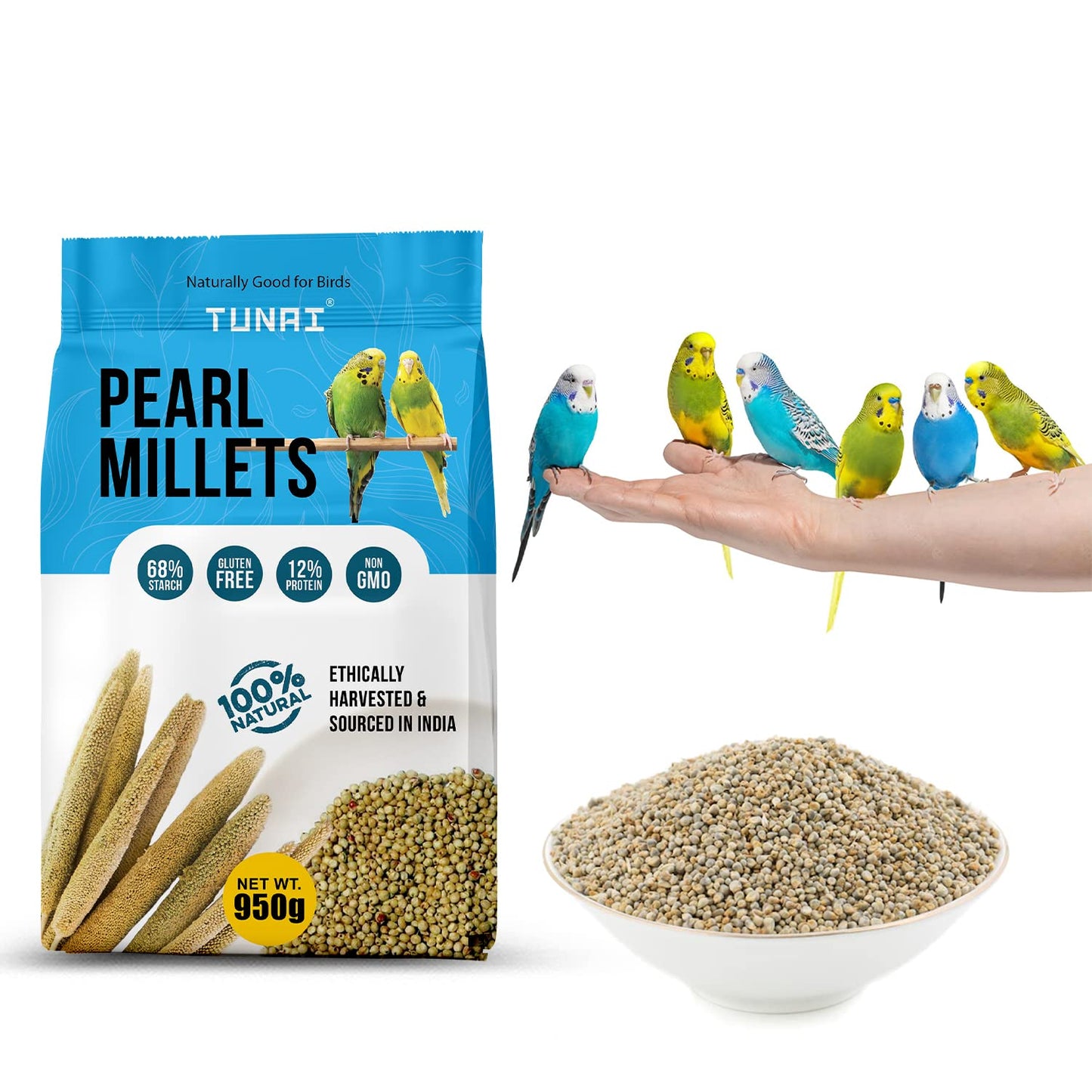 Tunai Pearl Millet Or Bajra Bird Seeds | 950g | Assist in Regulating Digestion, Easing Stress Perfect Bird Food for Budgies, Finches, Cockatiels, Conures, Love Birds, & Parrots